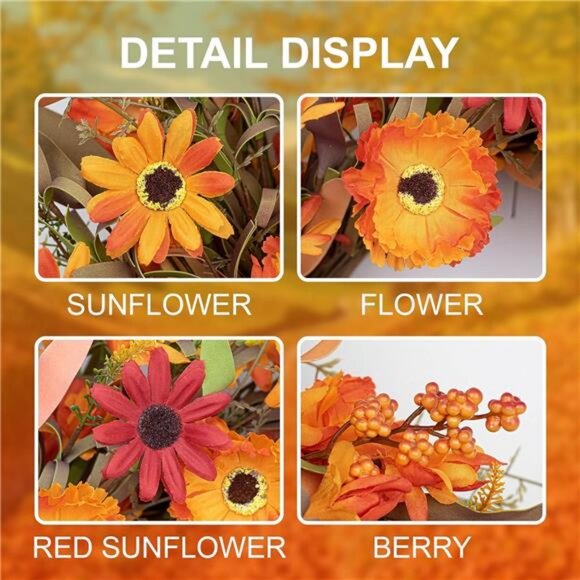 22" Artificial Orange Daisy‎ Wreath with Wildflowers Berries for Indoor Outdoor - Picture 5 of 7